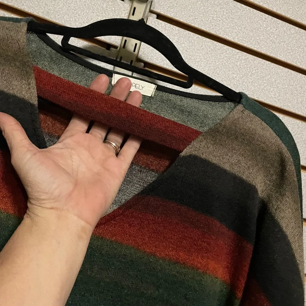 Hopely Womens Earthy Striped V-Neck Knit Sweater Green‎ Rust Grey Oversized L/XL